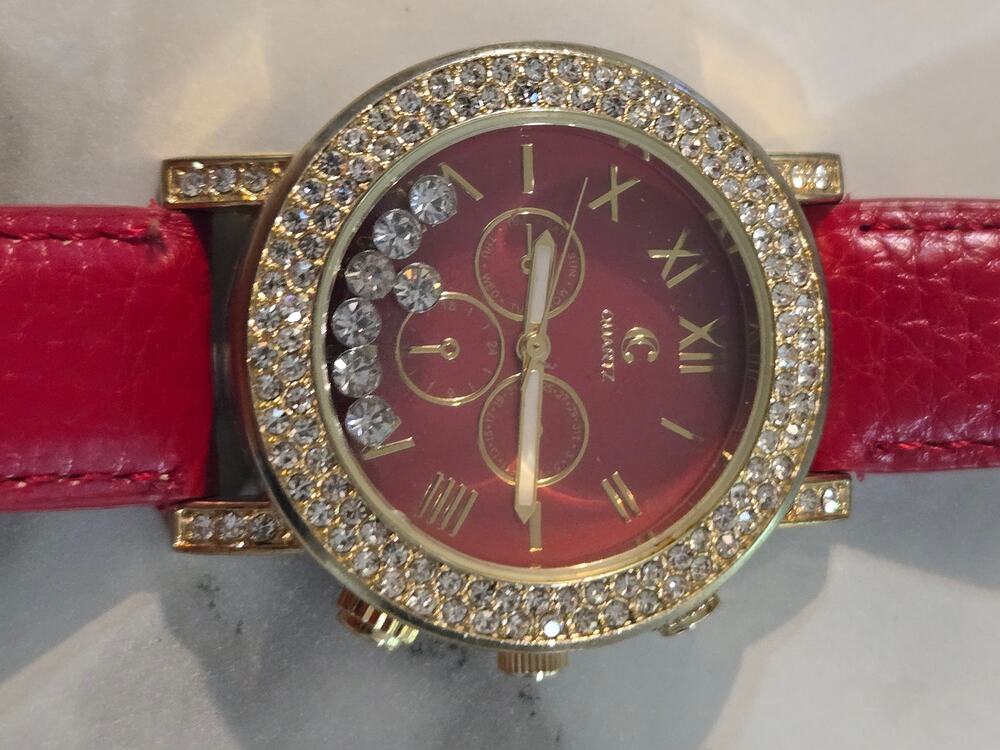 Geneva Platinum Gold Tone Red Dial Rhinestone Floating Crystal Accent Quartz